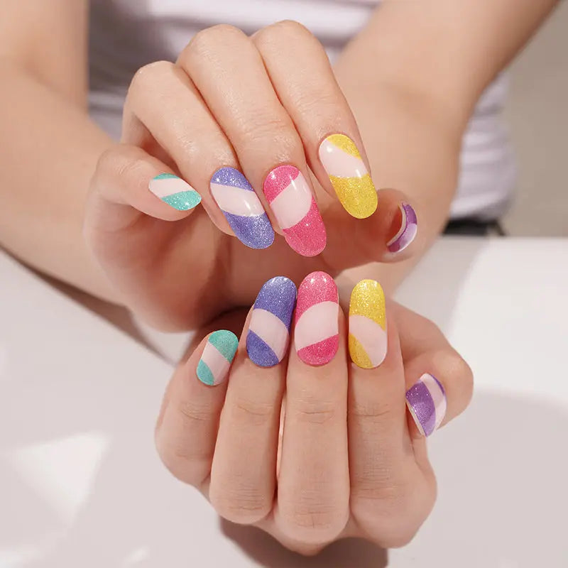 Color Block Glitter Gel Nail Wraps Wholesale & Custom Press-On Nail Strips for Salons & Retailers HUIZI