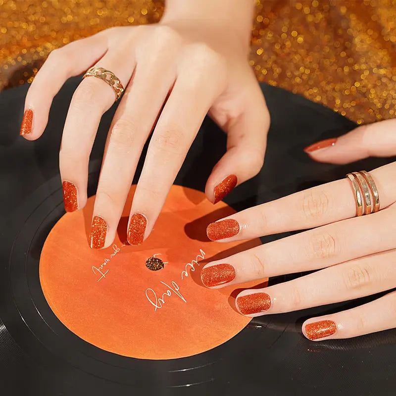 Customizable Orange Glitter Gel Nail Stickers Wholesale Nail Wraps for Brands OEM HUIZI