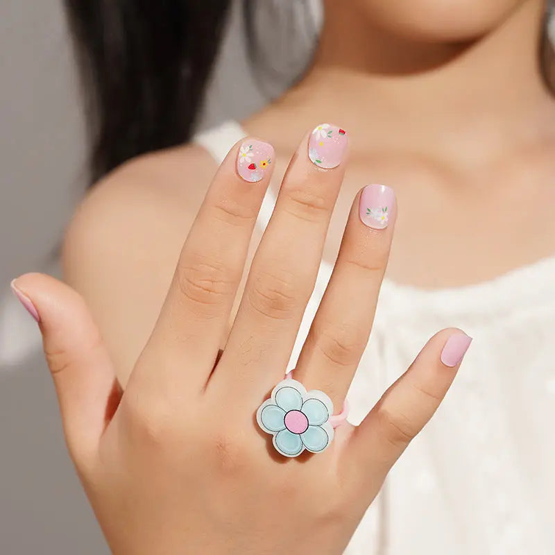 Kids Gel Nail Strips – Pink Floral Design Semi Cured Wraps OEM & Wholesale Available HUIZI