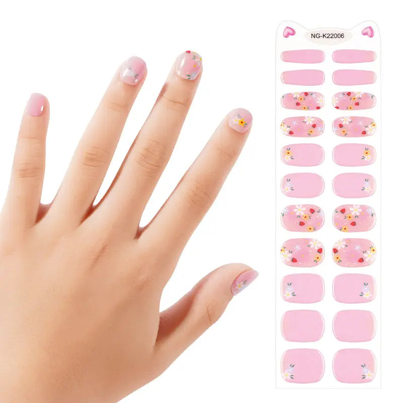 Kids Gel Nail Strips – Pink Floral Design Semi Cured Wraps OEM & Wholesale Available HUIZI