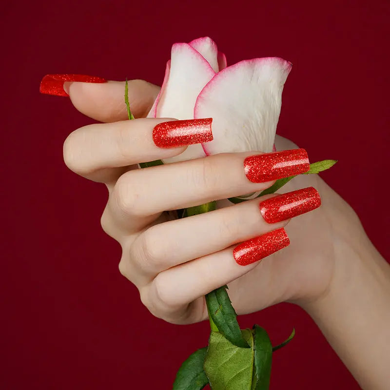 Personalized Semi-Cured Gel Nails With Custom Wraps Wholeslale Red Glitter Nails - Huizi HUIZI