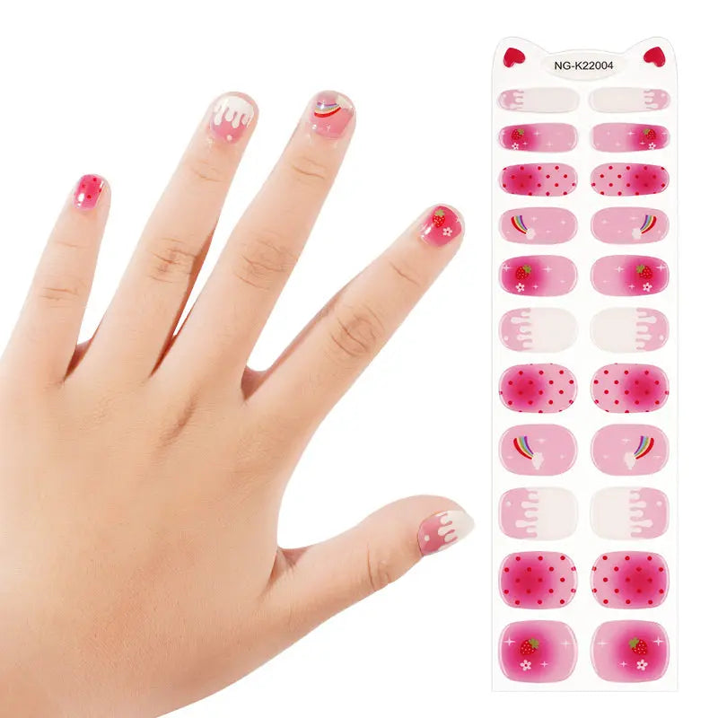 Pink Kids Gel Nail Strips Cute Rainbow Strawberry Design Wholesale Custom at Huizi HUIZI