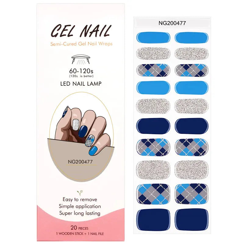 Semi Cured Gel Nail Strip Supplier Custom Blue Plaid Nail Design HUIZI