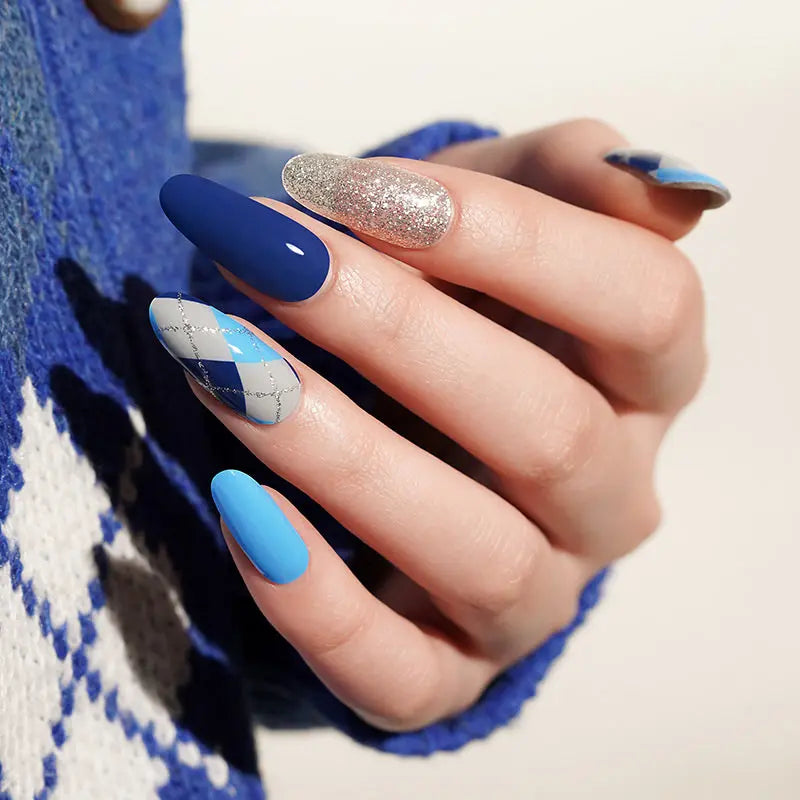 Semi Cured Gel Nail Strip Supplier Custom Blue Plaid Nail Design HUIZI