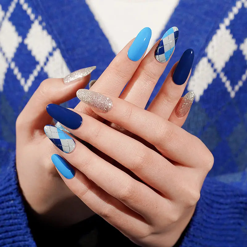 Semi Cured Gel Nail Strip Supplier Custom Blue Plaid Nail Design HUIZI