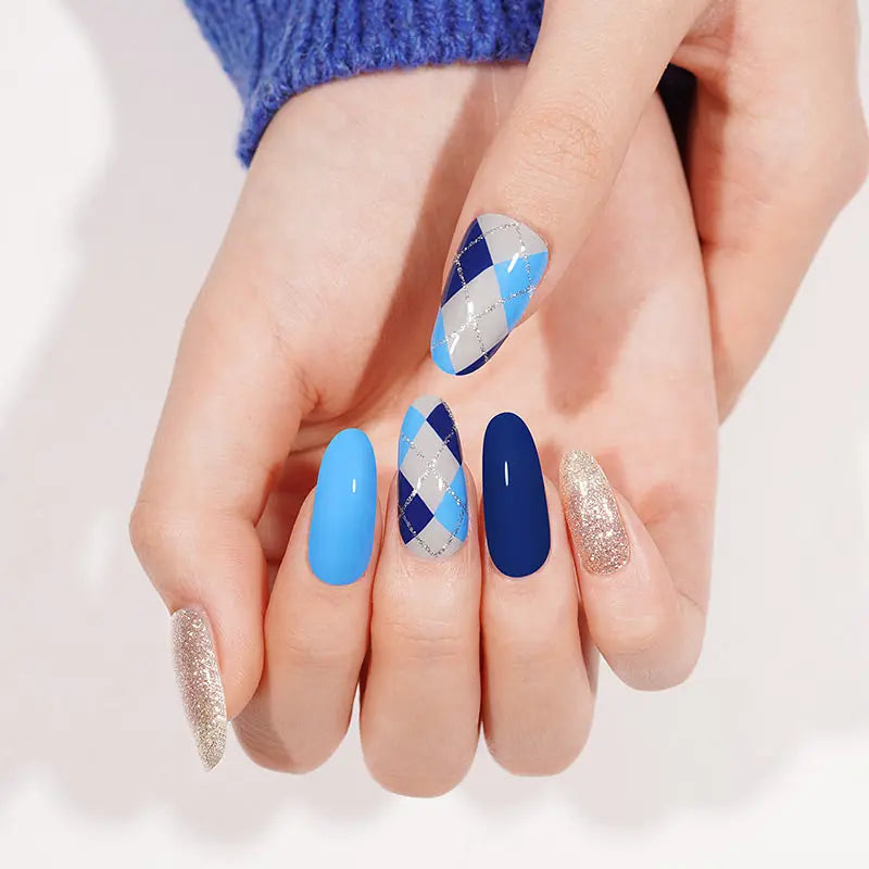 Semi Cured Gel Nail Strip Supplier Custom Blue Plaid Nail Design HUIZI