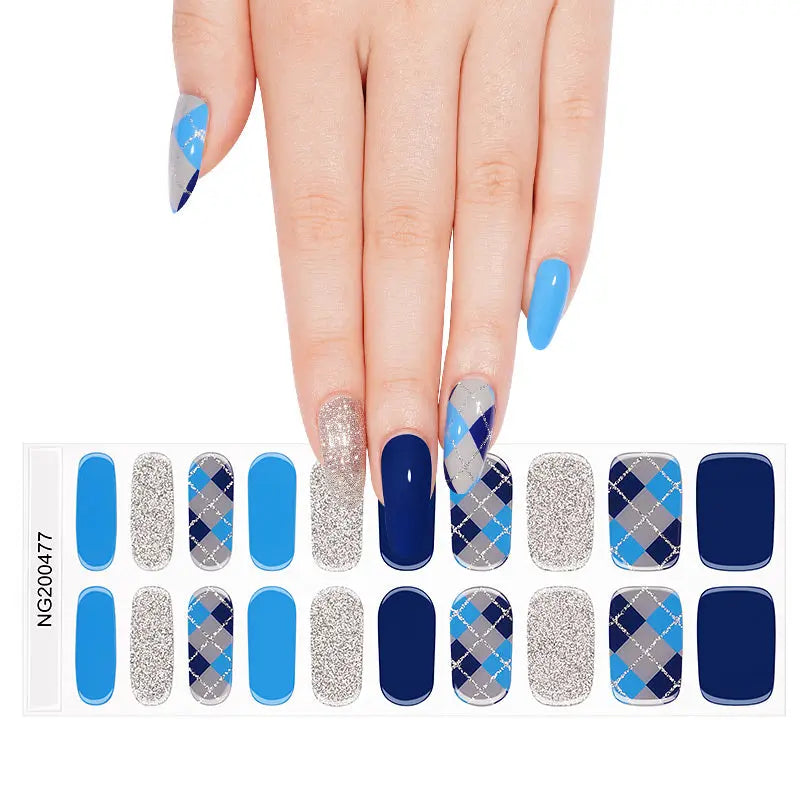 Semi Cured Gel Nail Strip Supplier Custom Blue Plaid Nail Design HUIZI