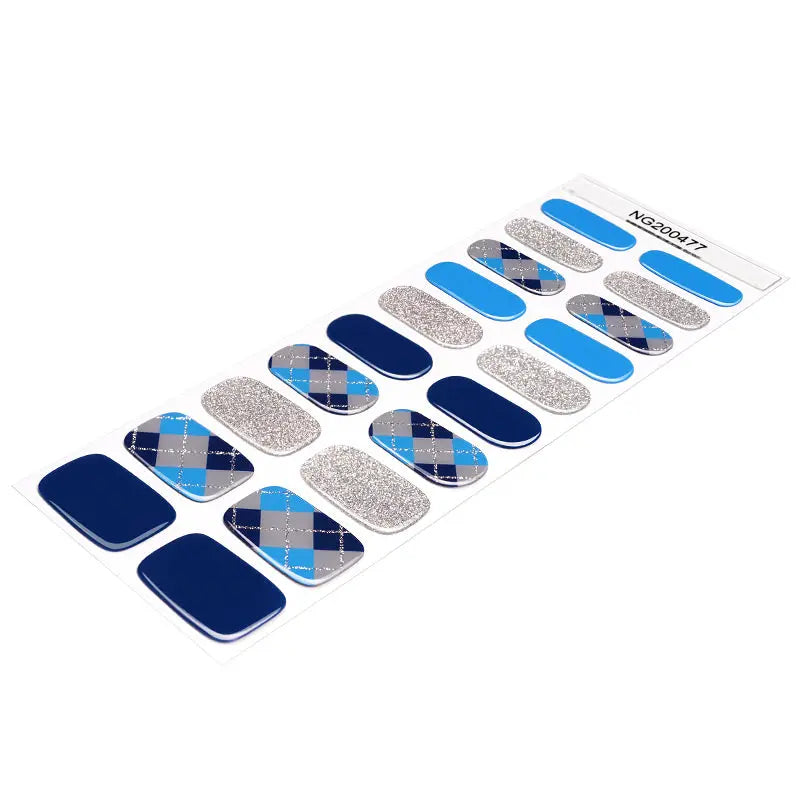 Semi Cured Gel Nail Strip Supplier Custom Blue Plaid Nail Design HUIZI