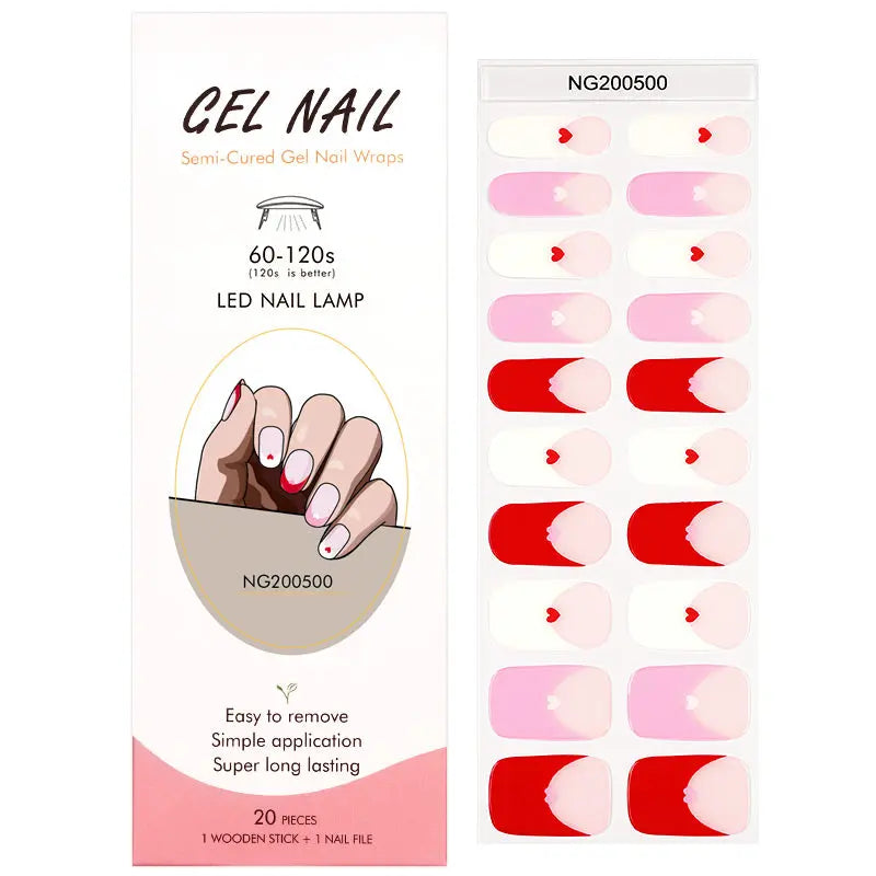 Semi Cured Gel Nail Strip Supplier Custom French Love Heart Nail Sticker HUIZI