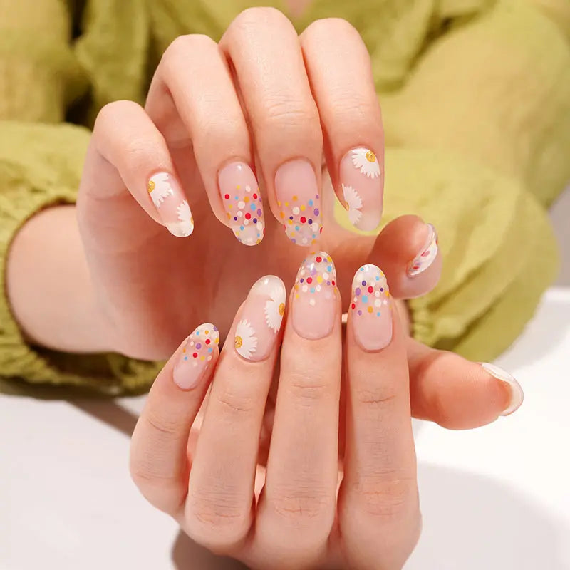 Semi Cured Gel Nail Strip Supplier Custom White Chrysanthemum Nail Sticker HUIZI