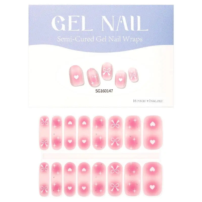 Wholesale 16Tip Semi Cure Gel Nail Strips Pink Custom Hearts, Bows, Star Manicures HUIZI