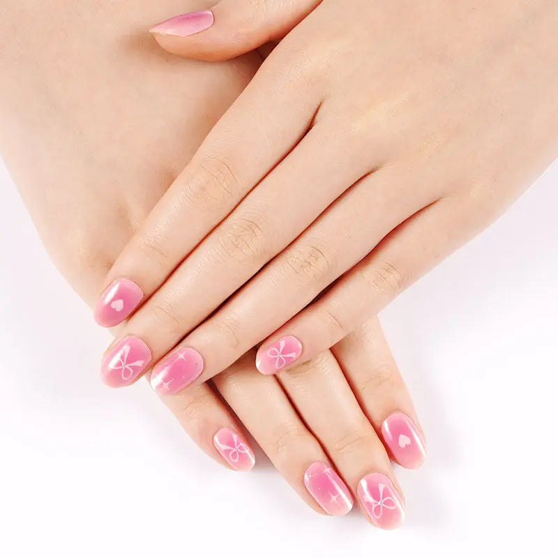 Wholesale 16Tip Semi Cure Gel Nail Strips Pink Custom Hearts, Bows, Star Manicures HUIZI