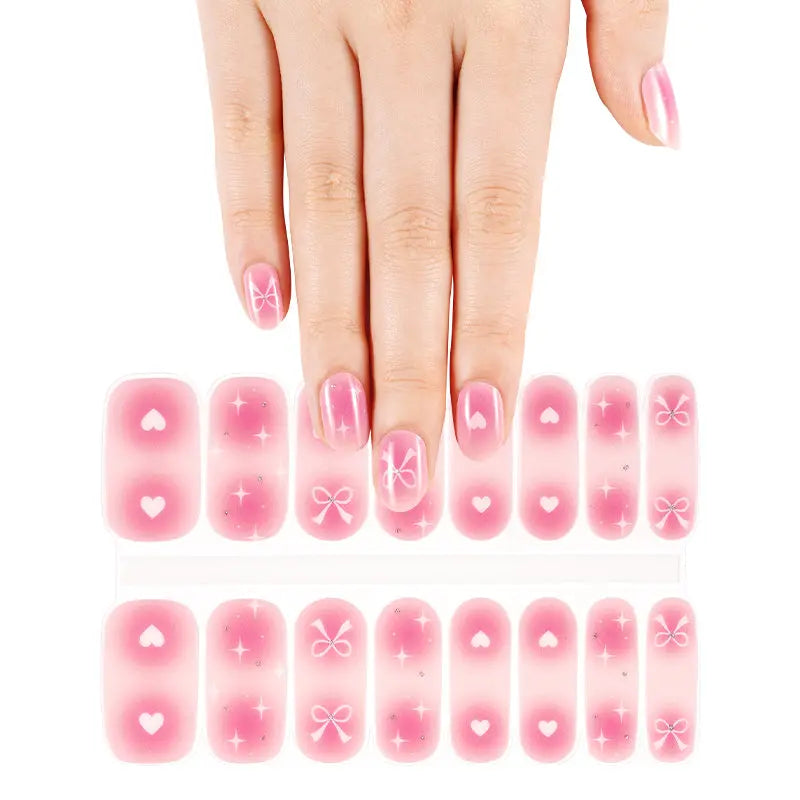 Wholesale 16Tip Semi Cure Gel Nail Strips Pink Custom Hearts, Bows, Star Manicures HUIZI