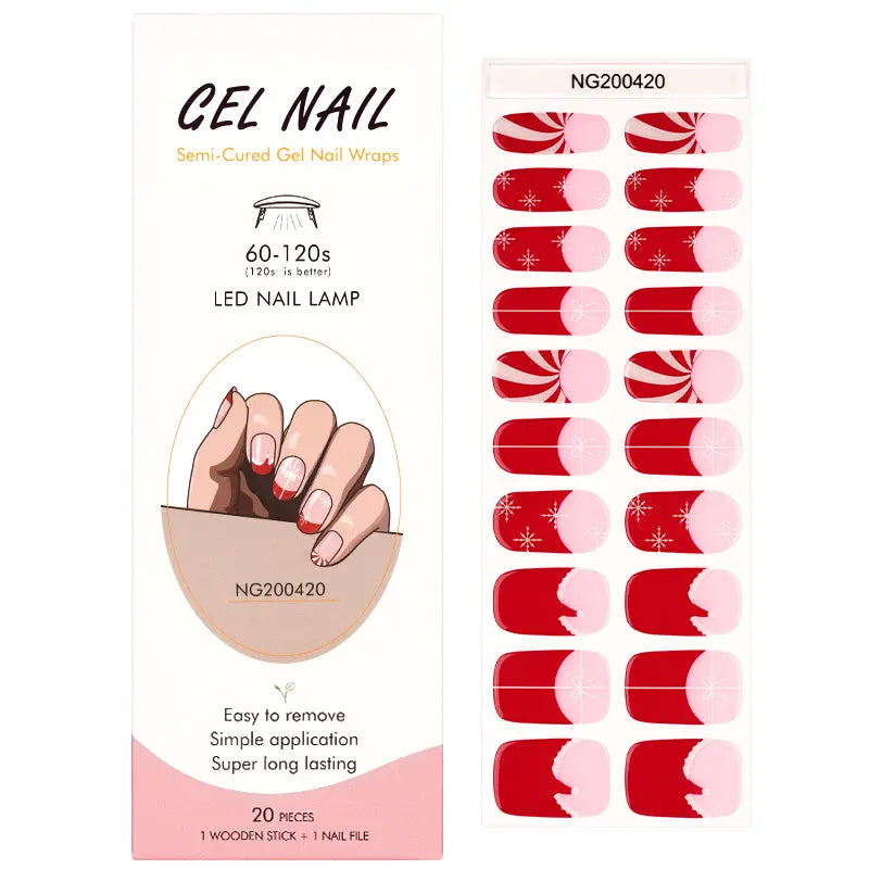 Wholesale 20Tips Christmas Gel Nail Stickers Adhesive Full Cover French Semi Cured Gel Nail Wraps HUIZI