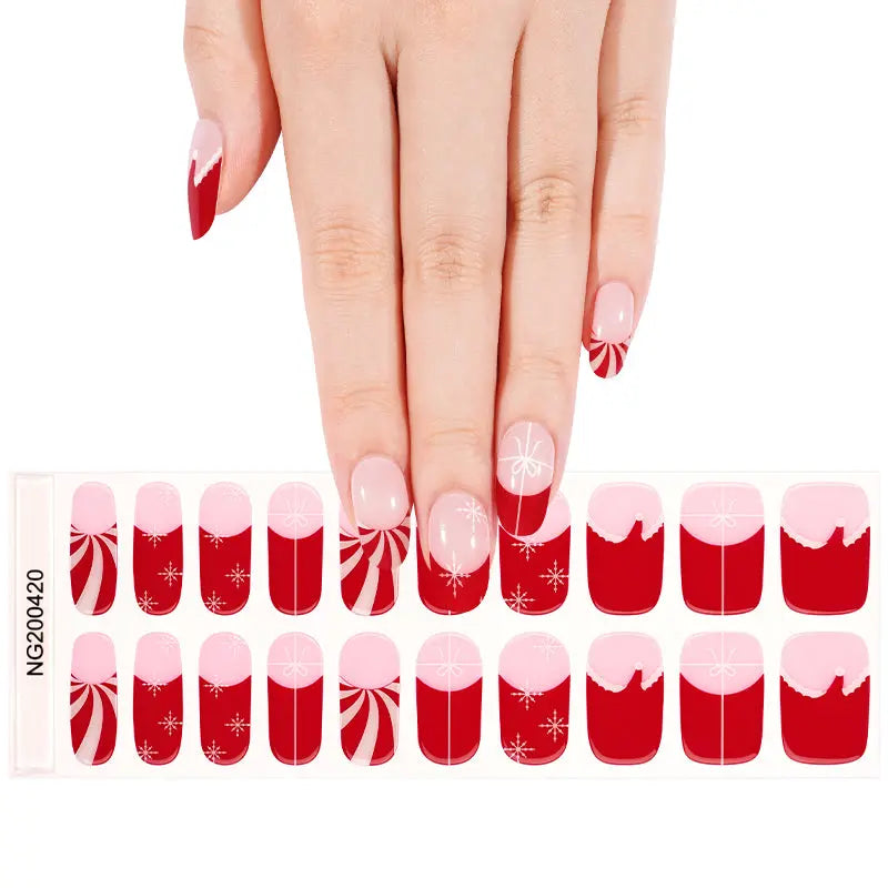 Wholesale 20Tips Christmas Gel Nail Stickers Adhesive Full Cover French Semi Cured Gel Nail Wraps HUIZI