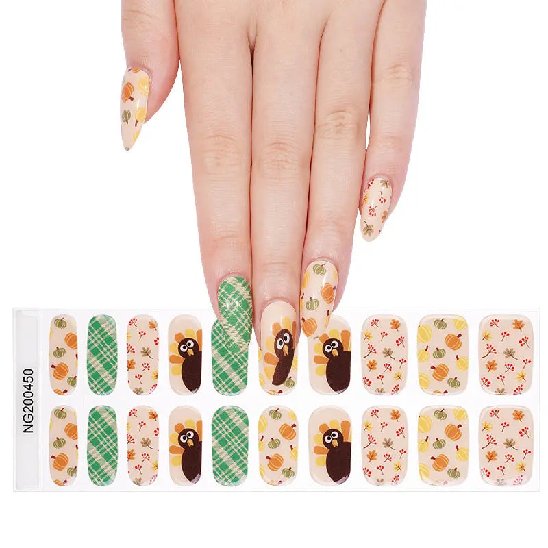 Wholesale Autumn Pumpkin Turkey Gel Nail Strips Custom Thanksgiving Nail Art Designs HUIZI