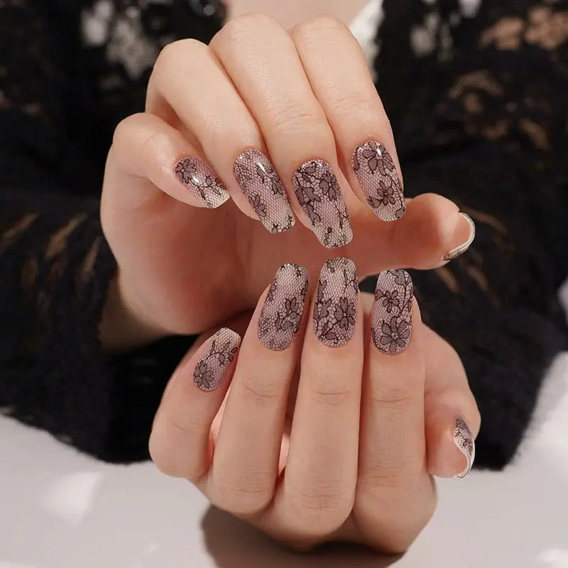 Wholesale Black Lace Gel Nail Stickers Custom Black Gel Nail Strips HUIZI