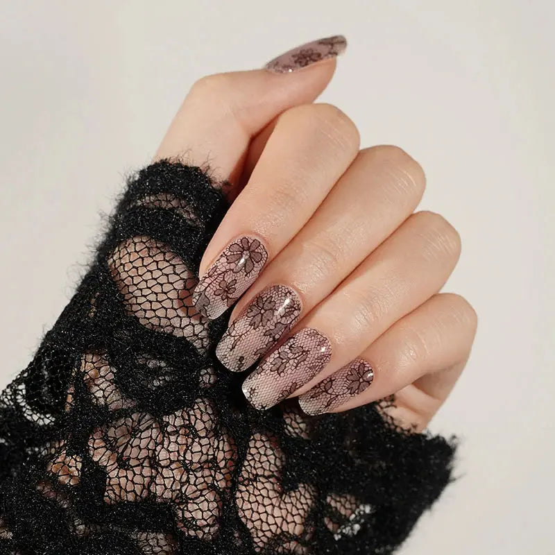 Wholesale Black Lace Gel Nail Stickers Custom Black Gel Nail Strips HUIZI