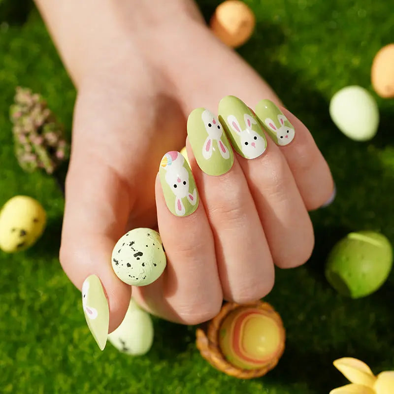 Wholesale Cute Rabbit Gel Nail Strips Custom Spring Green Nail Stickers HUIZI