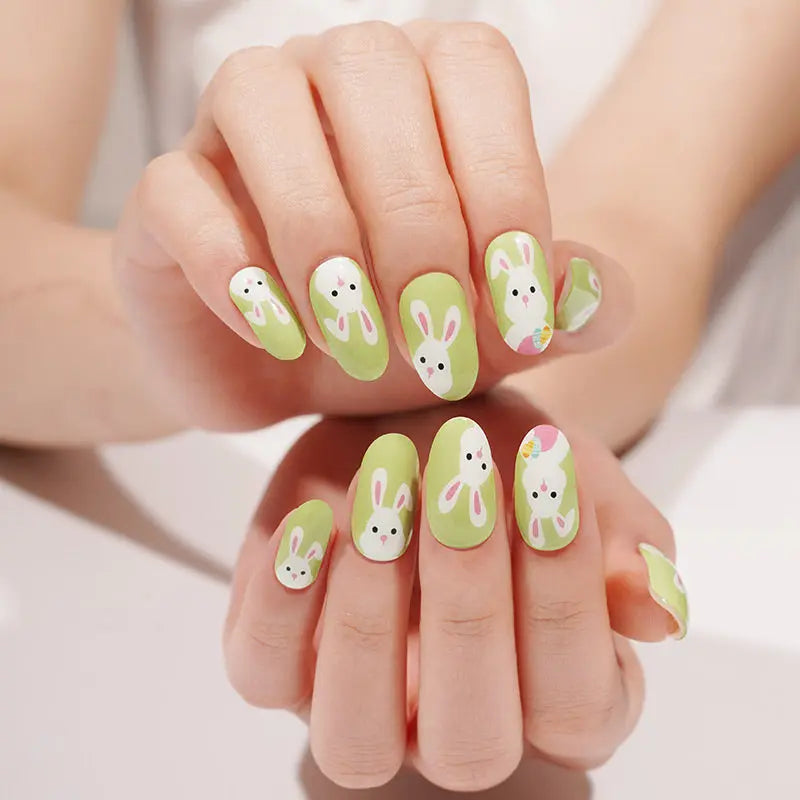 Wholesale Cute Rabbit Gel Nail Strips Custom Spring Green Nail Stickers HUIZI