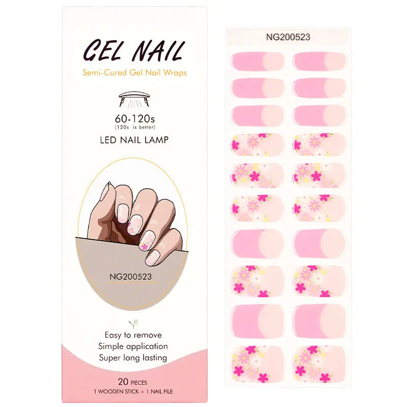 Wholesale French Semi Cured Gel Nail Stickers Custom Flower Nail Strips HUIZI