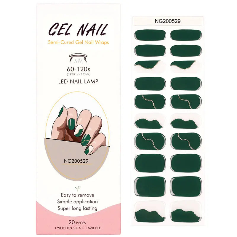 Wholesale Green Semi Cured Gel Nail Stickers Custom Golden Glitter Nail Strips HUIZI