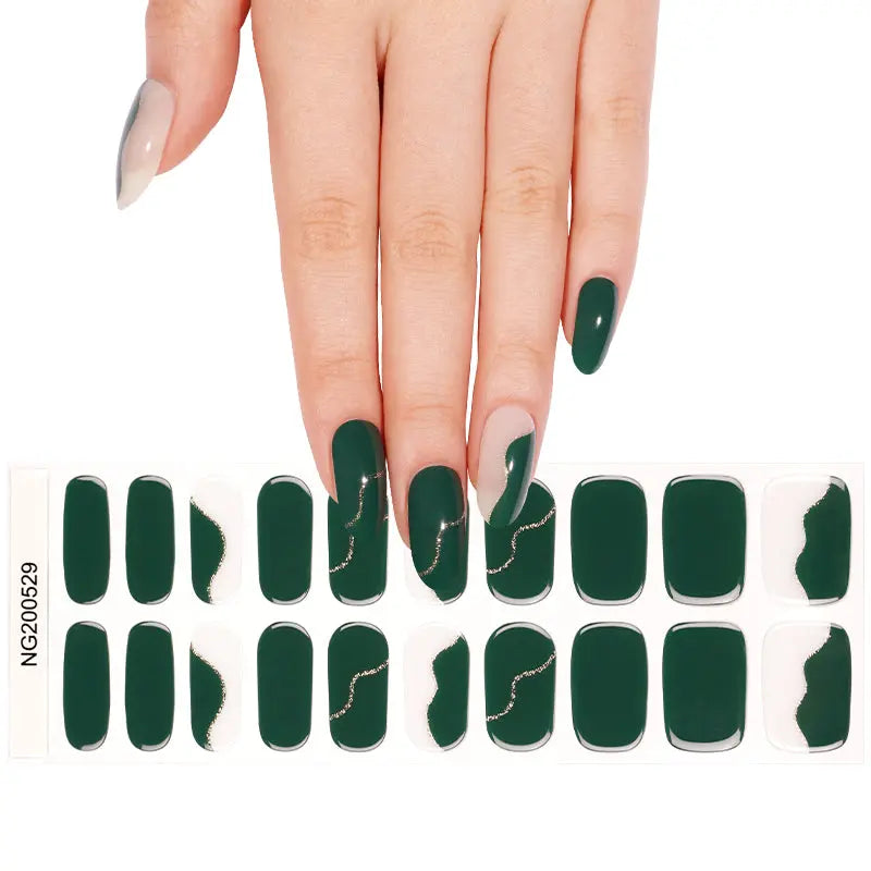 Wholesale Green Semi Cured Gel Nail Stickers Custom Golden Glitter Nail Strips HUIZI