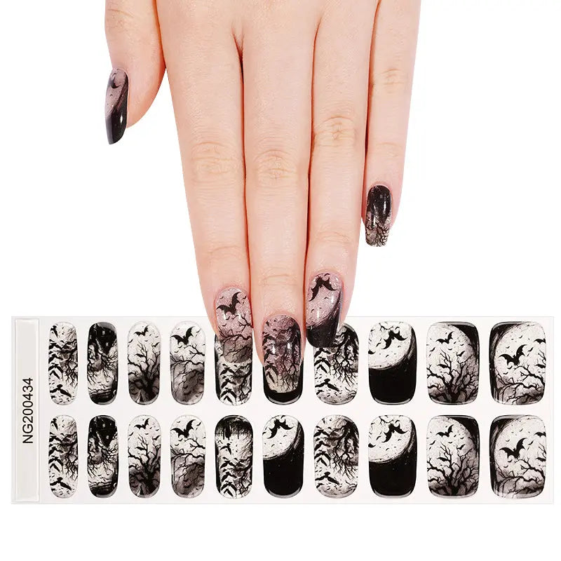 Wholesale Halloween Batty Evening Gel Nail Wraps Custom Black and White Gel Nail Designs HUIZI