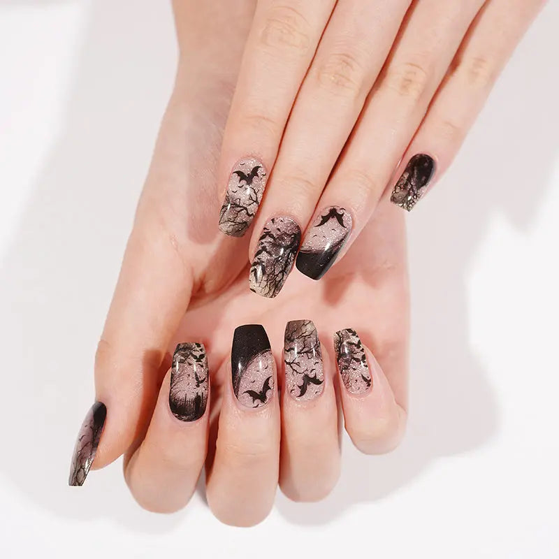 Wholesale Halloween Batty Evening Gel Nail Wraps Custom Black and White Gel Nail Designs HUIZI