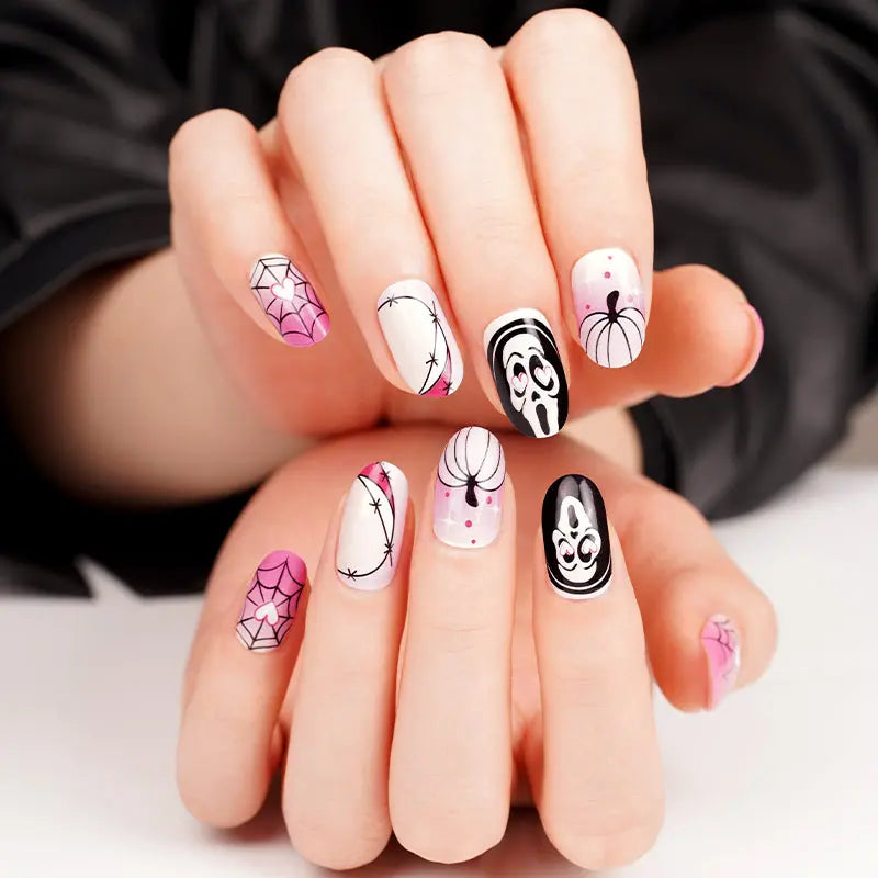 Wholesale Halloween Fake Nails Long Coffin False Nails Custom Skull Ghost French Tips HUIZI