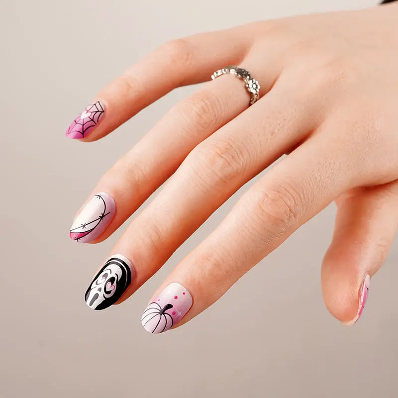 Wholesale Halloween Fake Nails Long Coffin False Nails Custom Skull Ghost French Tips HUIZI