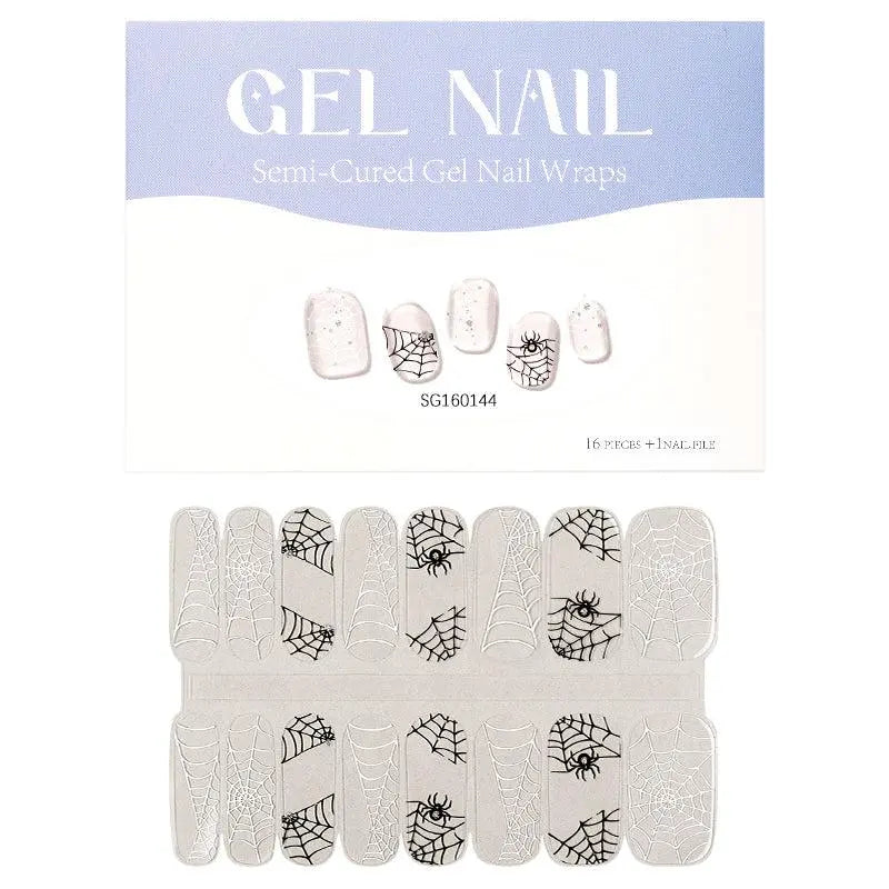 Wholesale Halloween Gel Nail Strips Custom Black and White Spider Web Manicure HUIZI