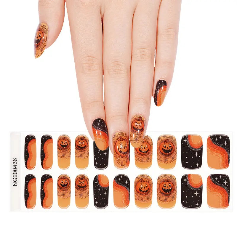 Wholesale Halloween Semi Cured Gel Nail Stickers Custom Pumpkin Nail Strips HUIZI