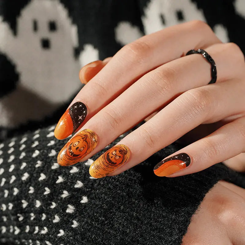 Wholesale Halloween Semi Cured Gel Nail Stickers Custom Pumpkin Nail Strips HUIZI