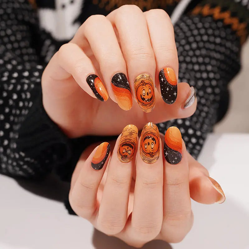 Wholesale Halloween Semi Cured Gel Nail Stickers Custom Pumpkin Nail Strips HUIZI