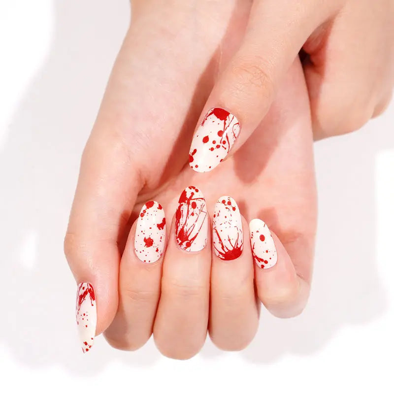 Wholesale Halloween Semi Cured Gel Nail Strips Custom 20Pcs Blood Handprint Nails HUIZI