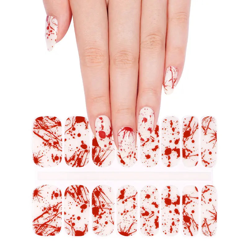 Wholesale Halloween Semi Cured Gel Nail Strips Custom 20Pcs Blood Handprint Nails HUIZI