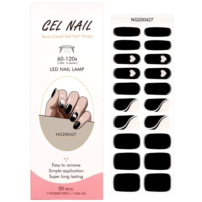 Wholesale Heart Gel Nail Wraps Custom Black Pink Half Glitter Curved Full Cover Designs HUIZI