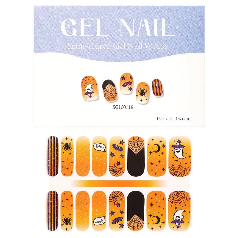 Wholesale Orange Halloween Gel Nail Wrap With Funky Witch Ghosts, Bats, Webs HUIZI