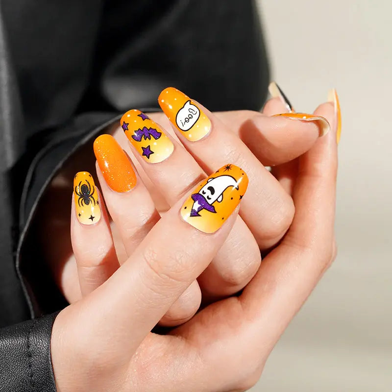 Wholesale Orange Halloween Gel Nail Wrap With Funky Witch Ghosts, Bats, Webs HUIZI