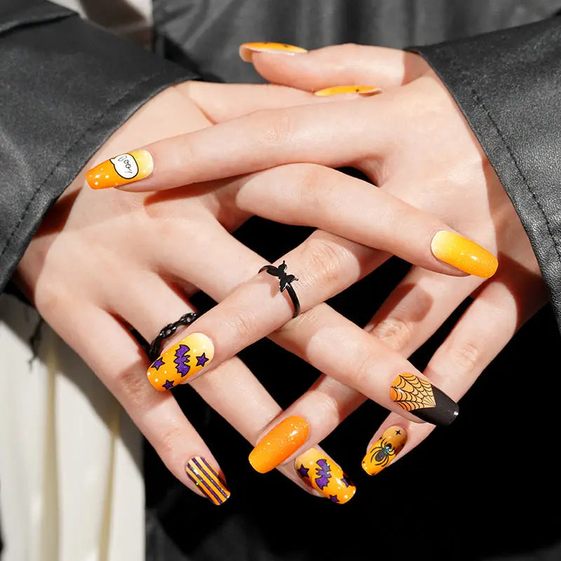 Wholesale Orange Halloween Gel Nail Wrap With Funky Witch Ghosts, Bats, Webs HUIZI