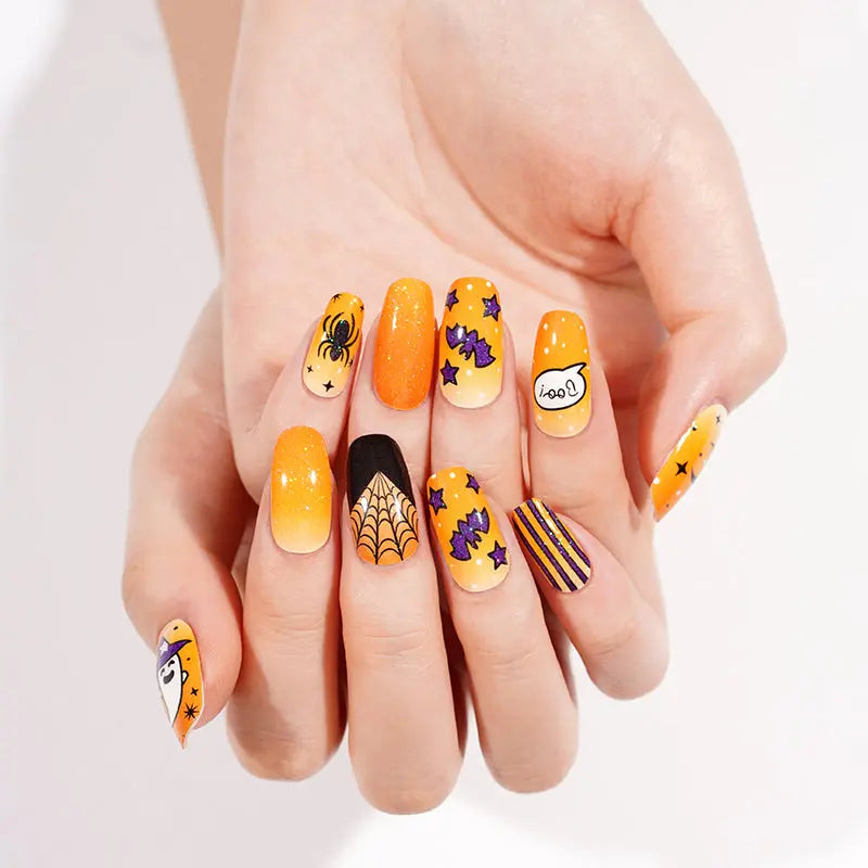 Wholesale Orange Halloween Gel Nail Wrap With Funky Witch Ghosts, Bats, Webs HUIZI