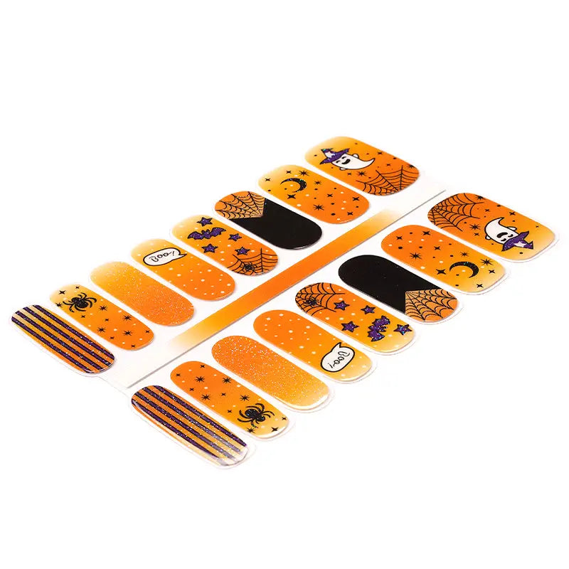 Wholesale Orange Halloween Gel Nail Wrap With Funky Witch Ghosts, Bats, Webs HUIZI