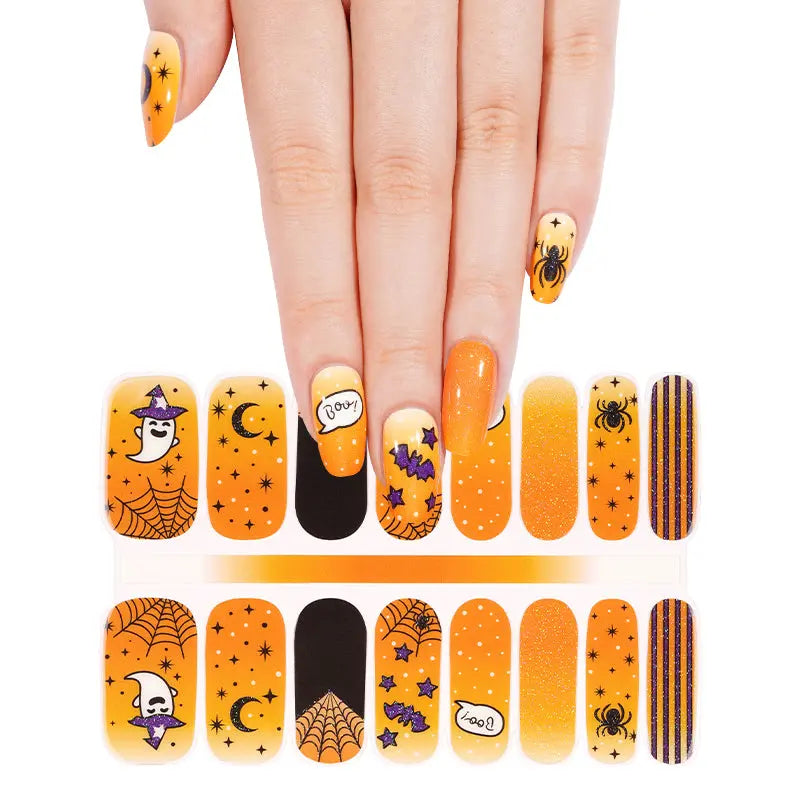 Wholesale Orange Halloween Gel Nail Wrap With Funky Witch Ghosts, Bats, Webs HUIZI