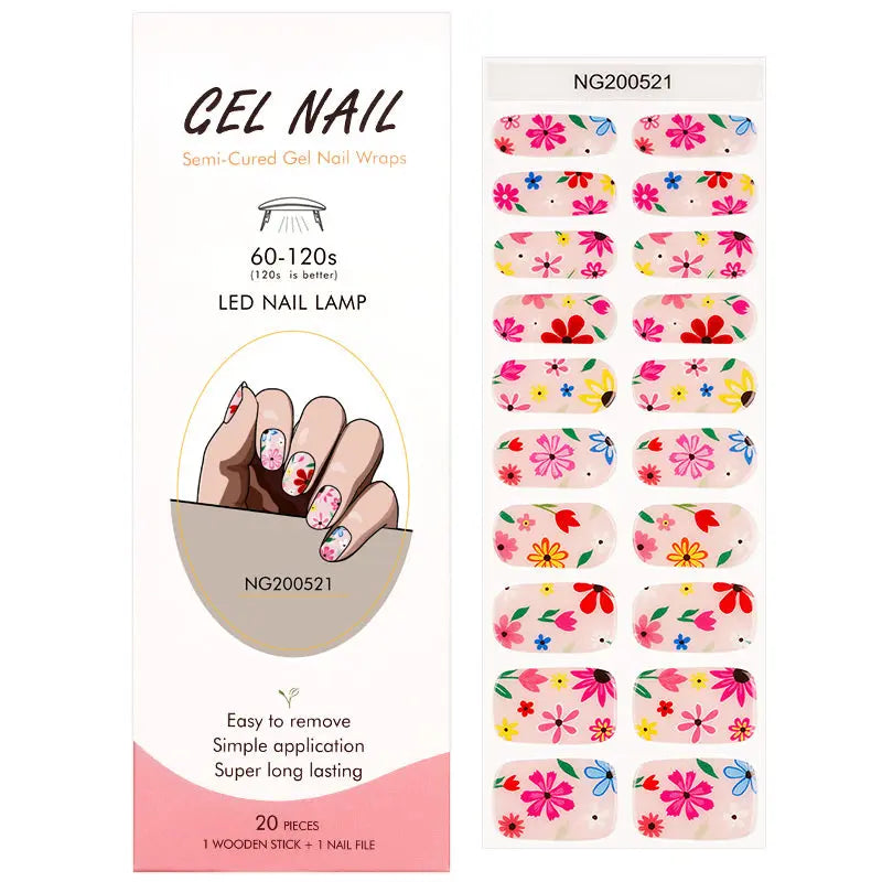 Wholesale Pink Floral Semi Cured Gel Nail Stickers Custom Nail Strips HUIZI