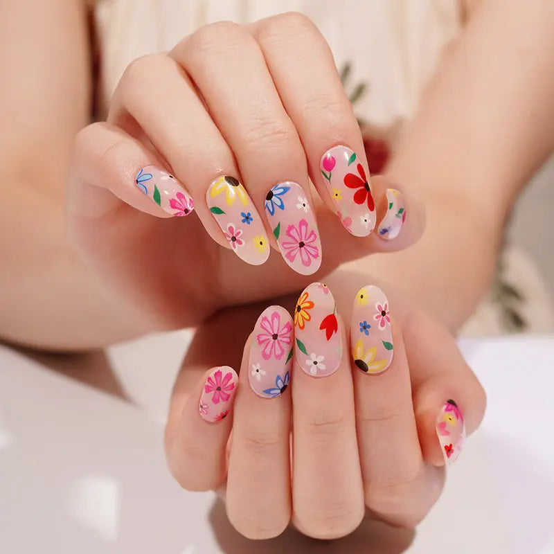 Wholesale Pink Floral Semi Cured Gel Nail Stickers Custom Nail Strips HUIZI