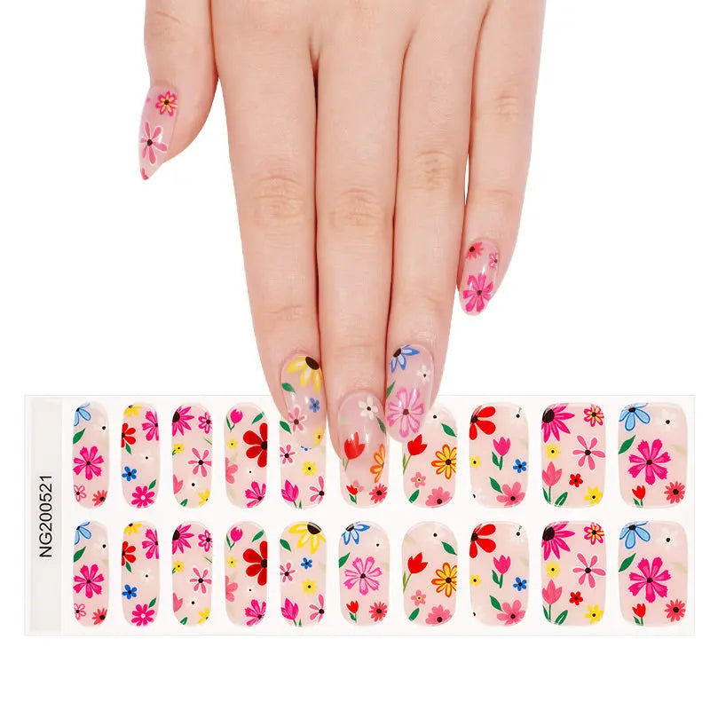 Wholesale Pink Floral Semi Cured Gel Nail Stickers Custom Nail Strips HUIZI