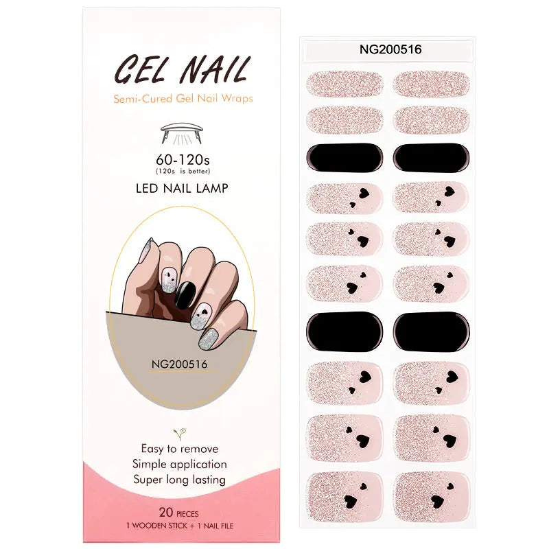 Wholesale Semi Cured Gel Nail Stickers Custom Glitter Heart Nail Strips HUIZI