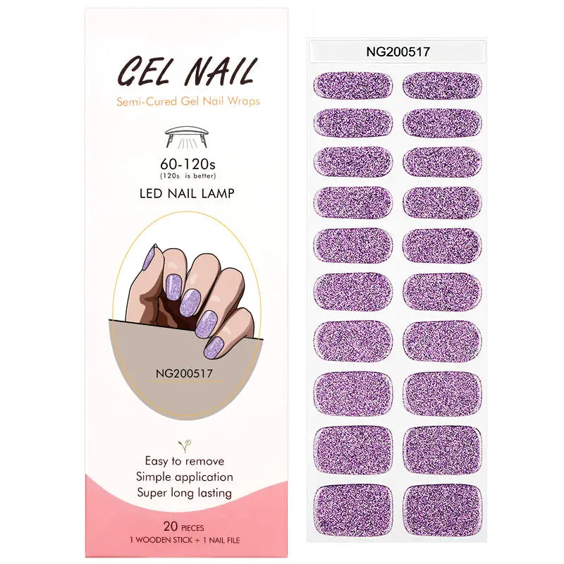 Wholesale Semi Cured Gel Nail Stickers Custom Purple Glitter Nail Strips HUIZI