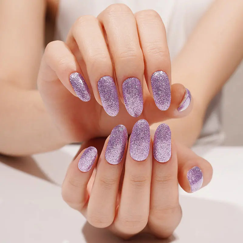 Wholesale Semi Cured Gel Nail Stickers Custom Purple Glitter Nail Strips HUIZI